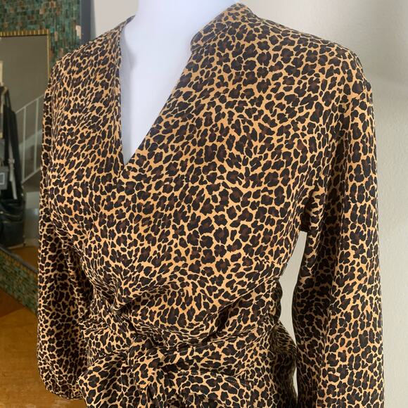 J. Crew Size S Peplum Sara Leopard Print Wrap Top Blouse Black Tan Long Sleeve - Picture 6 of 15